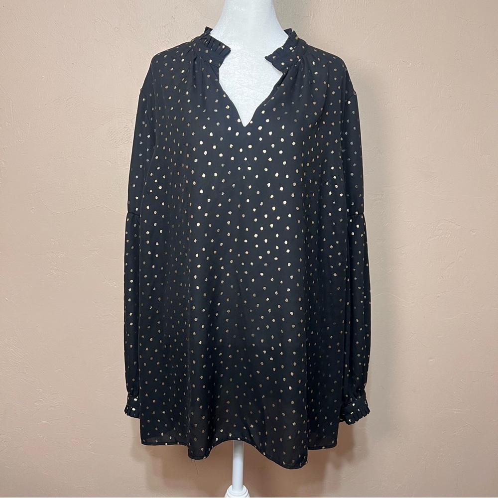 Lane Bryant Black Top Dressy Blouse Gold Dots Ruffle Popover Festive Sz 20 Party